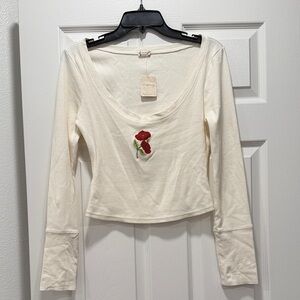 Free People Long Sleeve Top with Red Floral Patch Embroidery